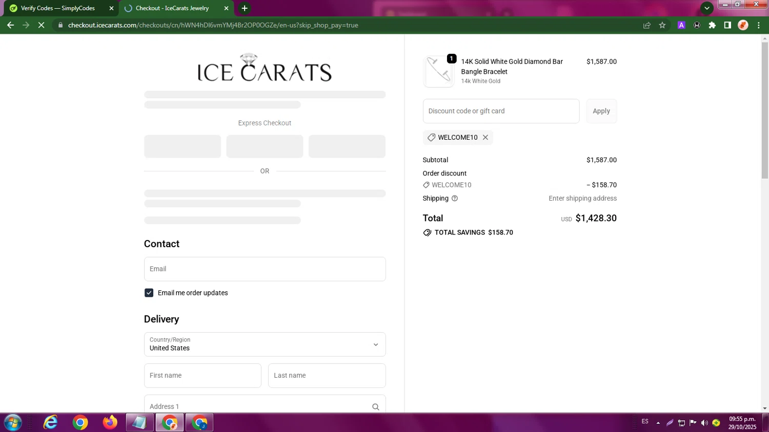 IceCarats discount code screenshot showing code WELCOME10 applied at IceCarats checkout page. Uploaded by SimplyCodes community member LegendaryBoss7060 on Oct 30, 2025