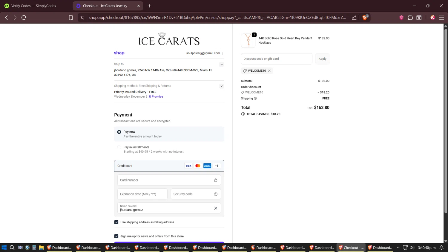 IceCarats discount code screenshot showing code WELCOME10 applied at IceCarats checkout page. Uploaded by SimplyCodes community member Sesshomaru on Nov 27, 2025