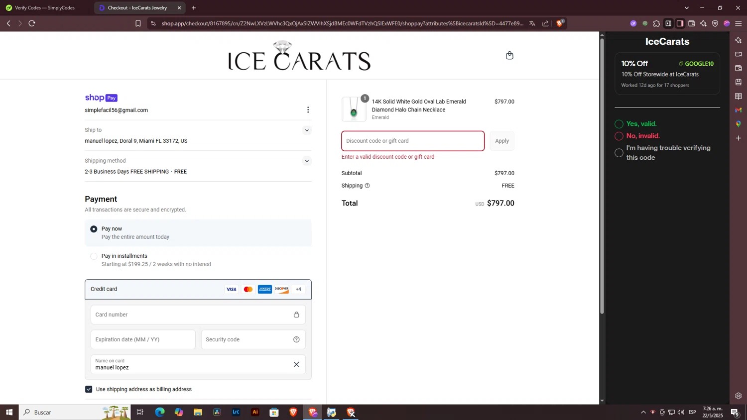 IceCarats discount code screenshot showing code google10 applied at IceCarats checkout page. Uploaded by SimplyCodes community member ArtPOPO on May 22, 2025