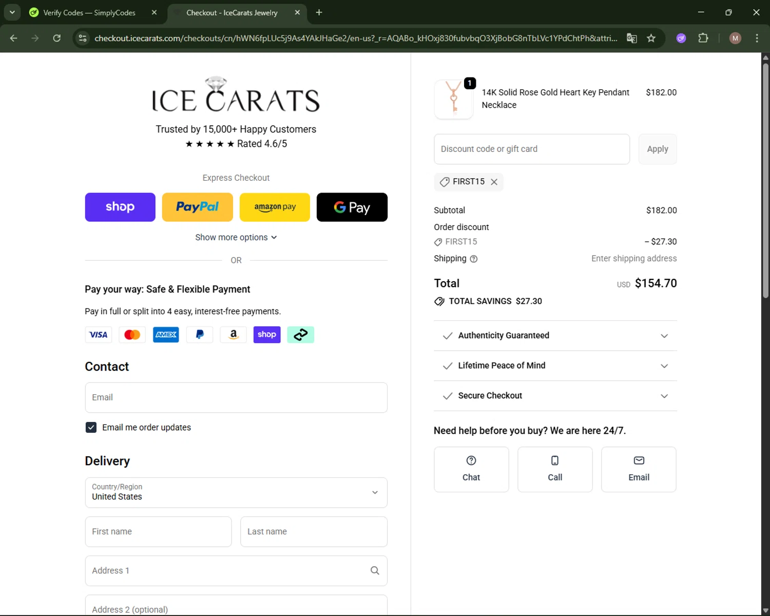 IceCarats discount code screenshot showing code FIRST15 applied at IceCarats checkout page. Uploaded by SimplyCodes community member CoinLegend4598 on Dec 21, 2025