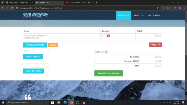 Ice Chips checkout page showing Ice Chips coupon code box | Screenshot taken by SimplyCodes community member on Feb 23, 2025