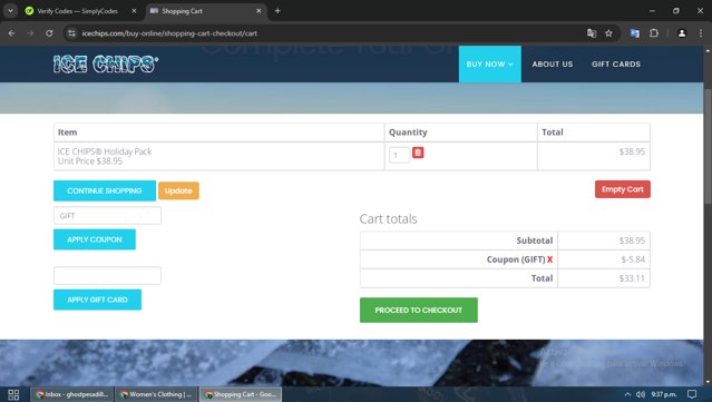 Ice Chips checkout page showing Ice Chips coupon code box | Screenshot taken by SimplyCodes community member on Dec 12, 2024
