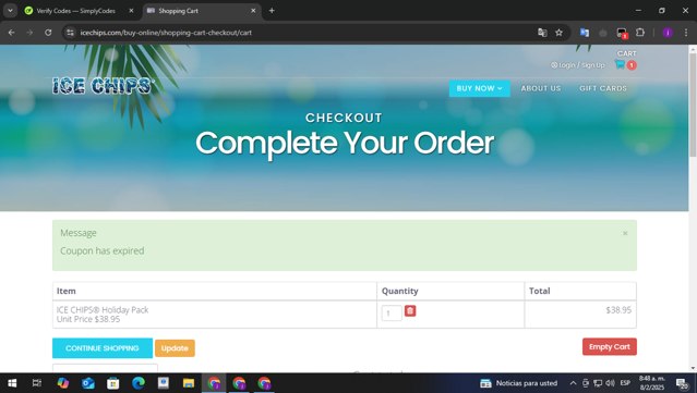 Ice Chips checkout page showing Ice Chips coupon code box | Screenshot taken by SimplyCodes community member on Feb 8, 2025
