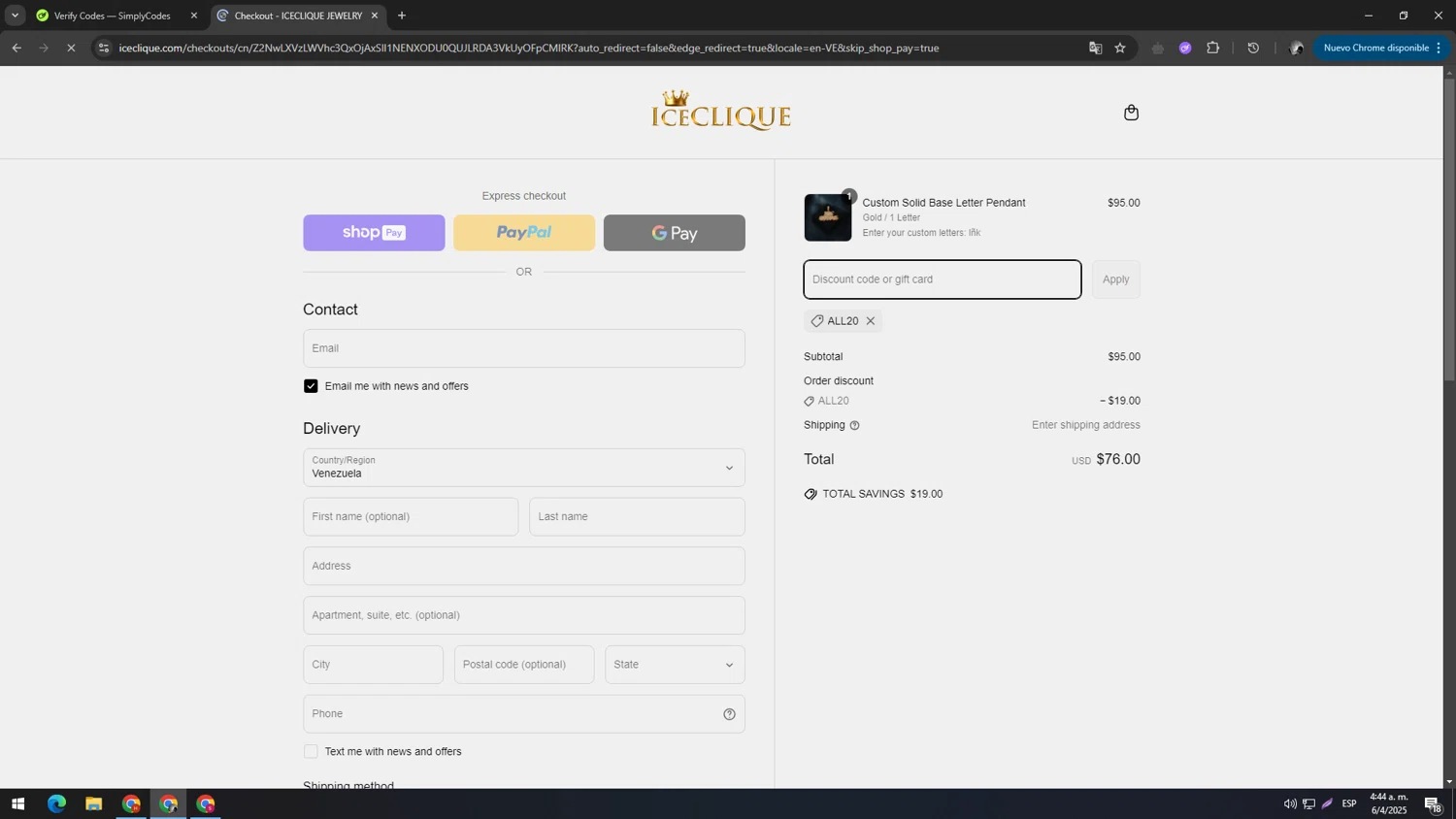 ICECLIQUE JEWELRY discount code screenshot showing code ALL20 applied at ICECLIQUE JEWELRY checkout page. Uploaded by SimplyCodes community member TUNGTUNG on Apr 6, 2025