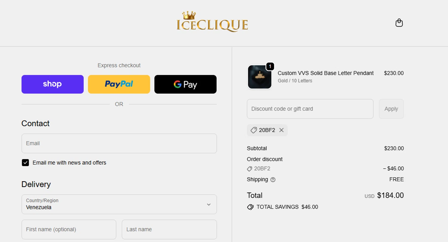 ICECLIQUE JEWELRY discount code screenshot showing code 20bf2 applied at ICECLIQUE JEWELRY checkout page. Uploaded by SimplyCodes community member Sweety2020 on Oct 2, 2025