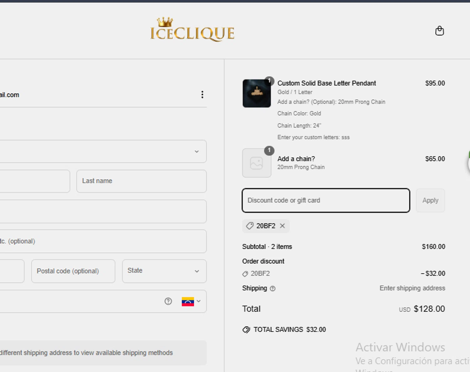 ICECLIQUE JEWELRY discount code screenshot showing code 20bf2 applied at ICECLIQUE JEWELRY checkout page. Uploaded by SimplyCodes community member toti2222 on Apr 18, 2025