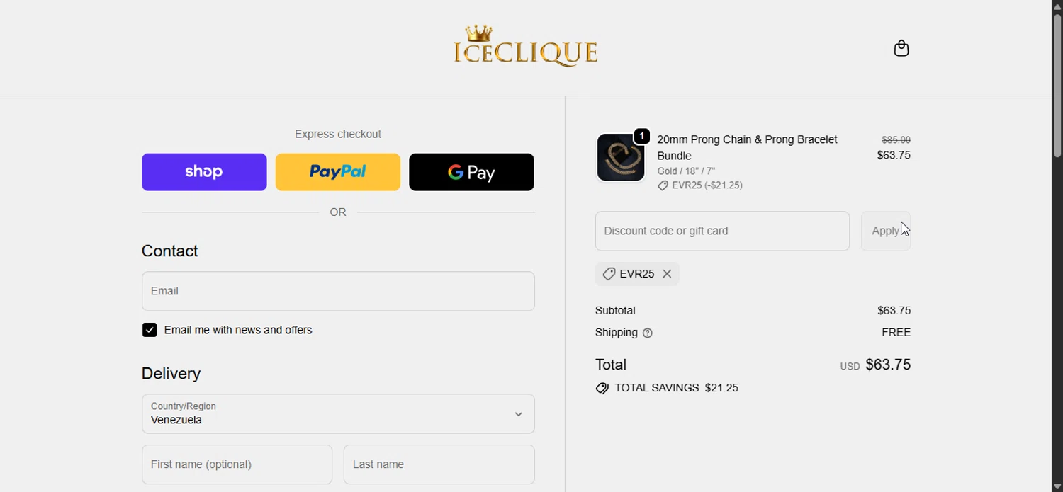 ICECLIQUE JEWELRY discount code screenshot showing code EVR25 applied at ICECLIQUE JEWELRY checkout page. Uploaded by SimplyCodes community member LuckyPioneer1027 on Oct 6, 2025
