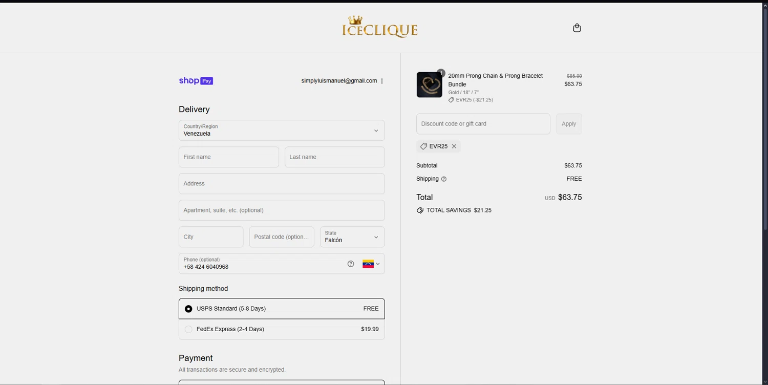 ICECLIQUE JEWELRY discount code screenshot showing code EVR25 applied at ICECLIQUE JEWELRY checkout page. Uploaded by SimplyCodes community member MoneyScout2554 on Jul 22, 2025