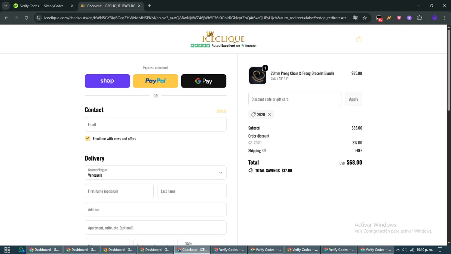 ICECLIQUE JEWELRY discount code screenshot showing code 2020 applied at ICECLIQUE JEWELRY checkout page. Uploaded by SimplyCodes community member WiseMaven9968 on Nov 14, 2025