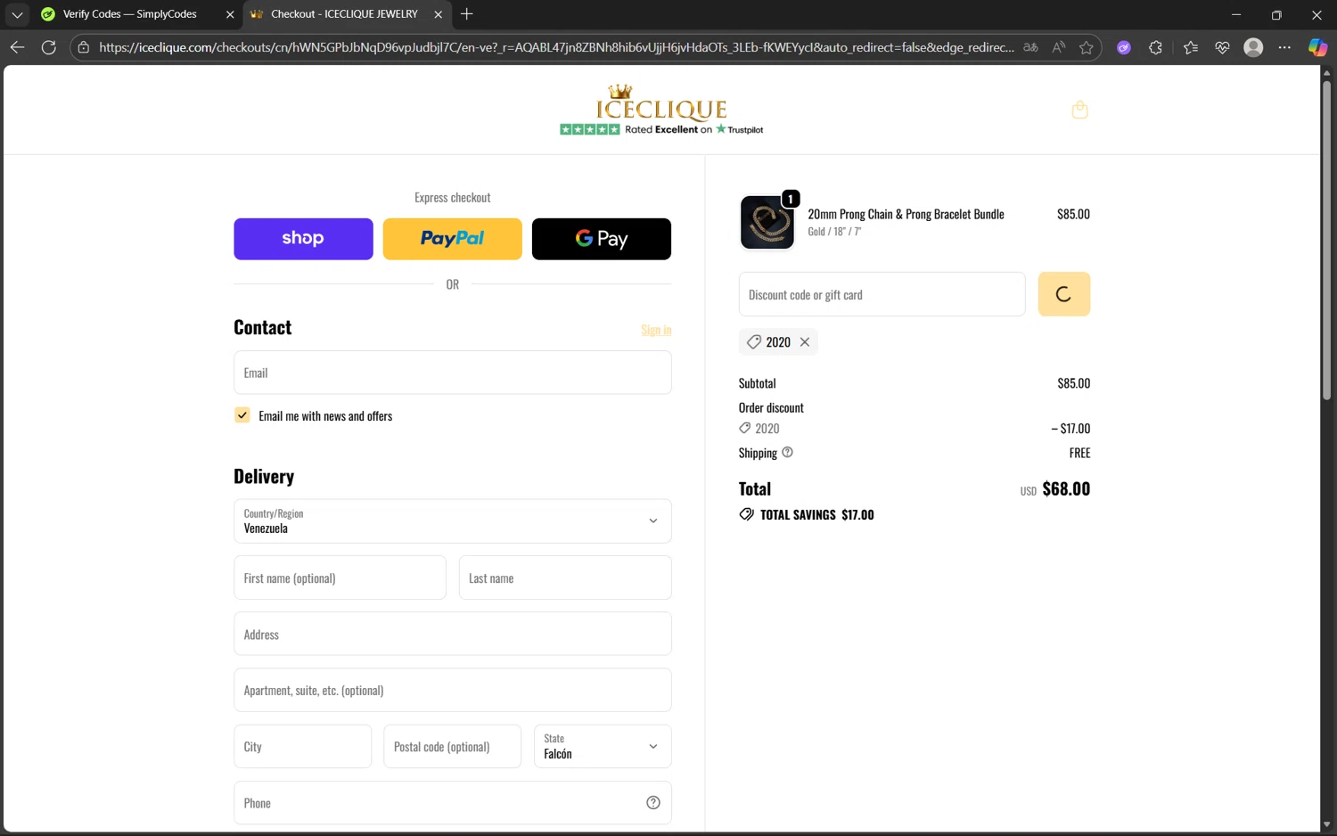 ICECLIQUE JEWELRY discount code screenshot showing code 2020 applied at ICECLIQUE JEWELRY checkout page. Uploaded by SimplyCodes community member juanx1702 on Nov 14, 2025