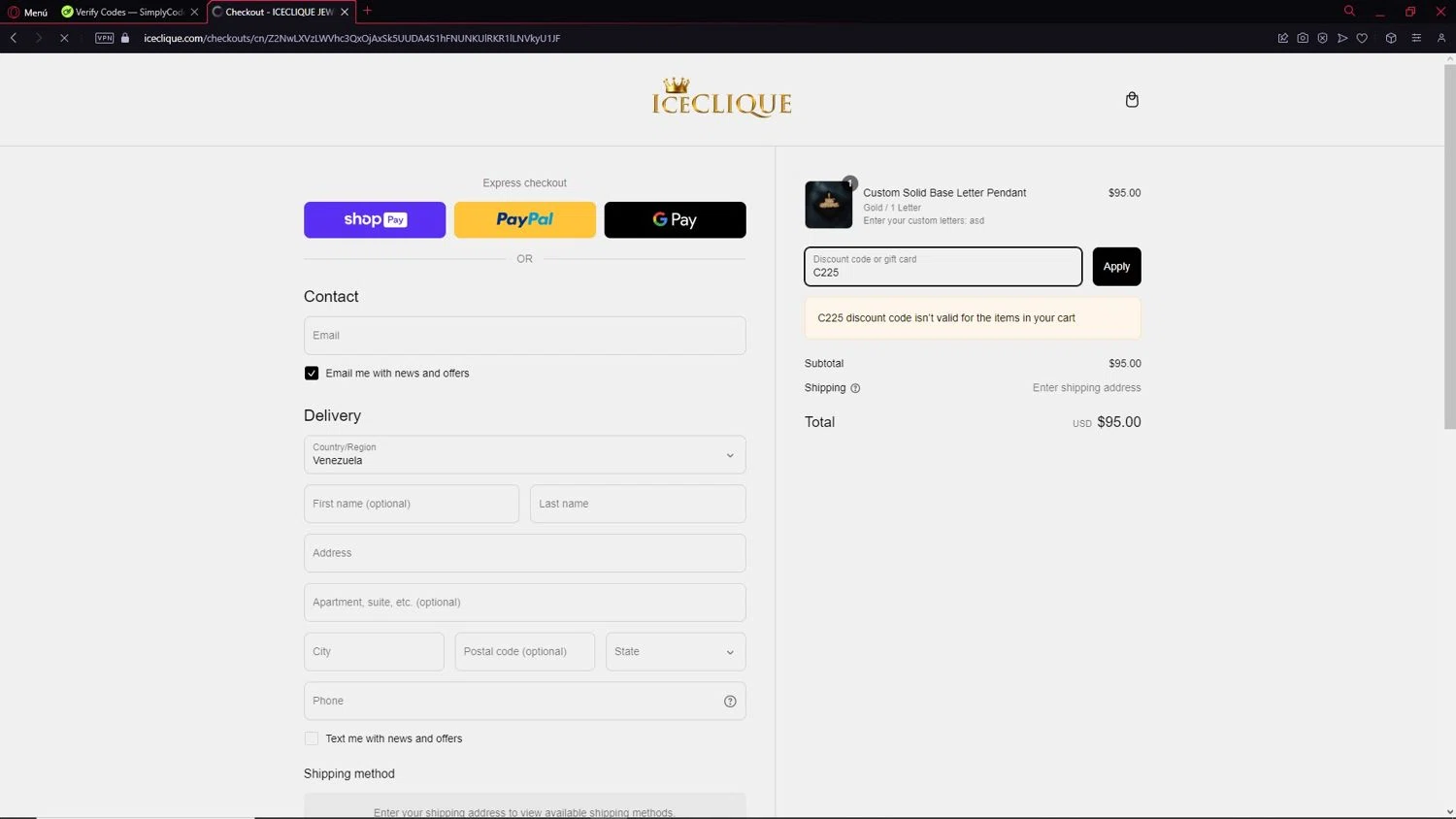 ICECLIQUE JEWELRY discount code screenshot showing code C225 applied at ICECLIQUE JEWELRY checkout page. Uploaded by SimplyCodes community member BMO123 on Mar 8, 2025