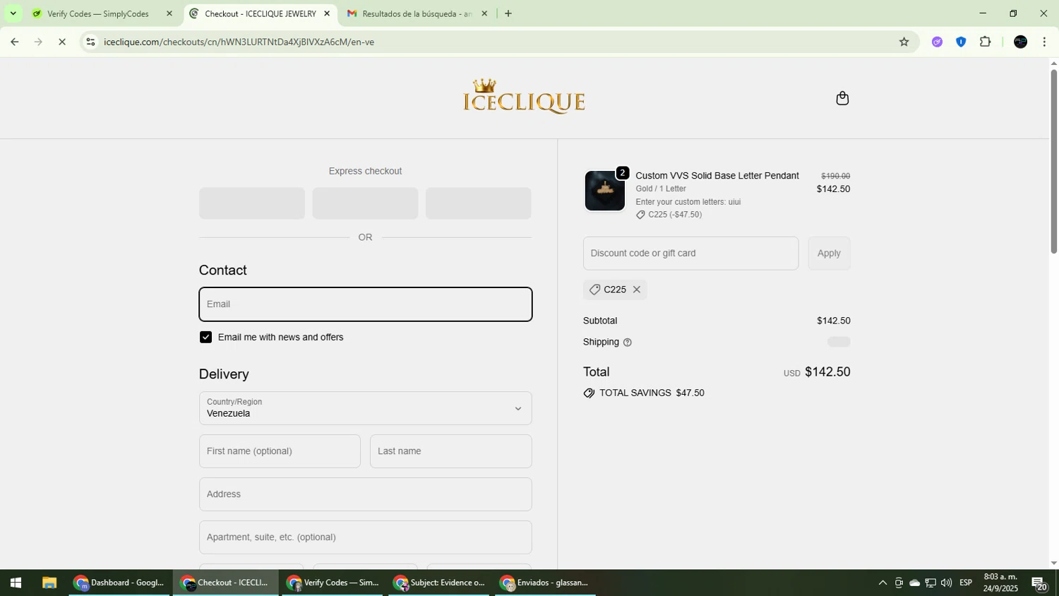 ICECLIQUE JEWELRY discount code screenshot showing code C225 applied at ICECLIQUE JEWELRY checkout page. Uploaded by SimplyCodes community member CarmenVGR on Sep 24, 2025