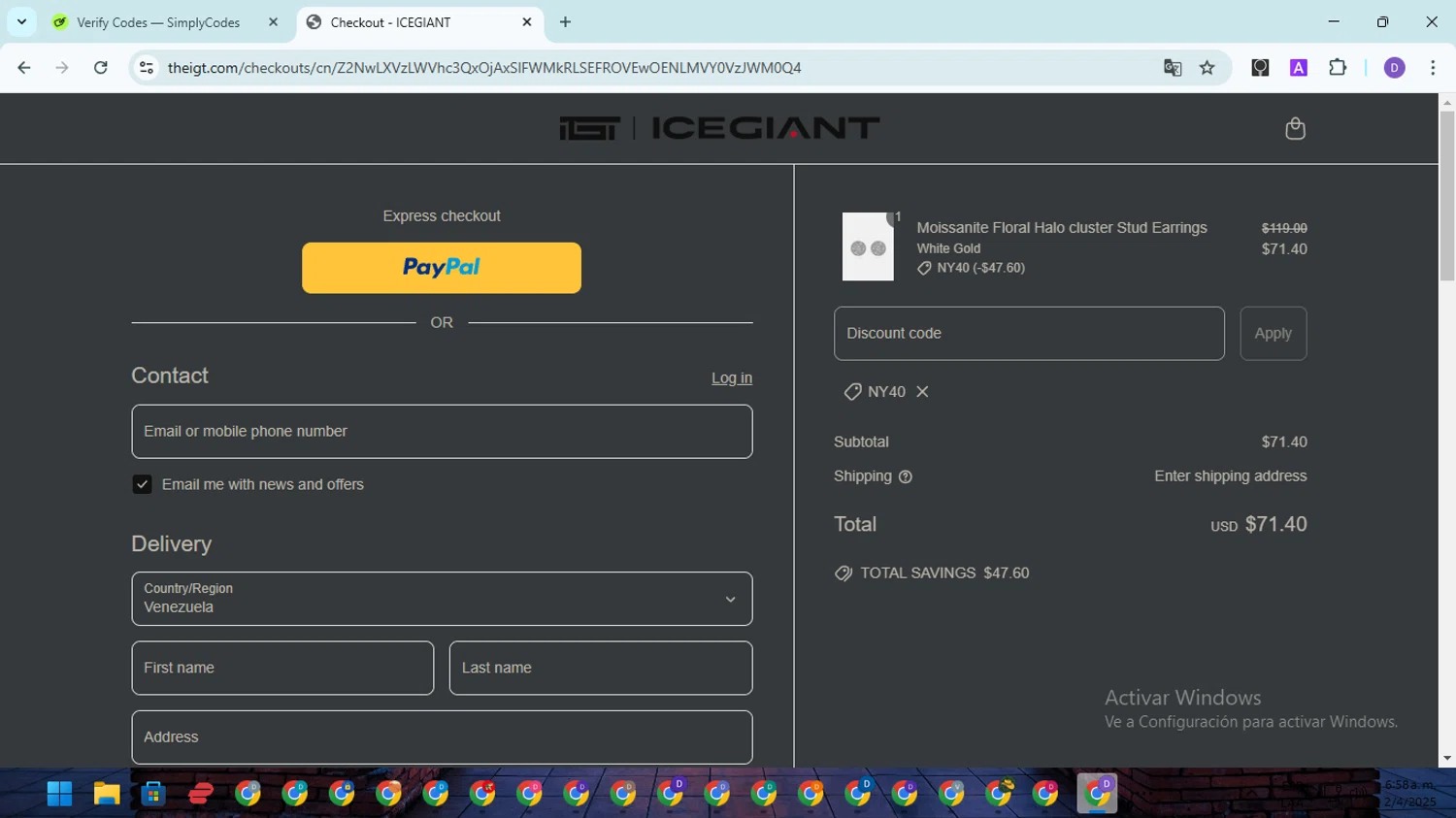 ICEGIANT promo code screenshot showing code ny40 applied at ICEGIANT checkout page. Uploaded by SimplyCodes community member SavingsGuardian5156 on Apr 2, 2025
