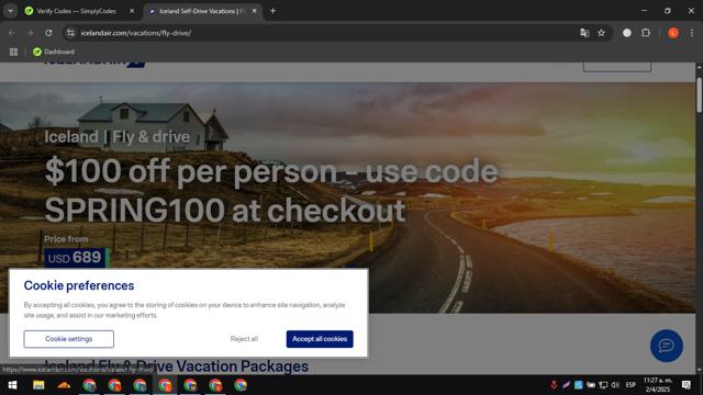 Icelandair checkout page showing Icelandair promo code box | Screenshot taken by SimplyCodes community member on Apr 2, 2025