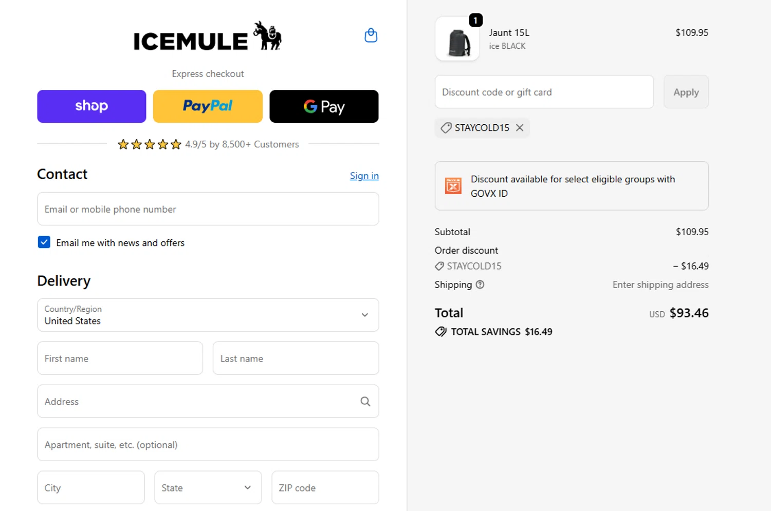 ICEMULE Coolers promo code screenshot showing code STAYCOLD15 applied at ICEMULE Coolers checkout page. Uploaded by SimplyCodes community member valeriaantonieta on Jun 16, 2026