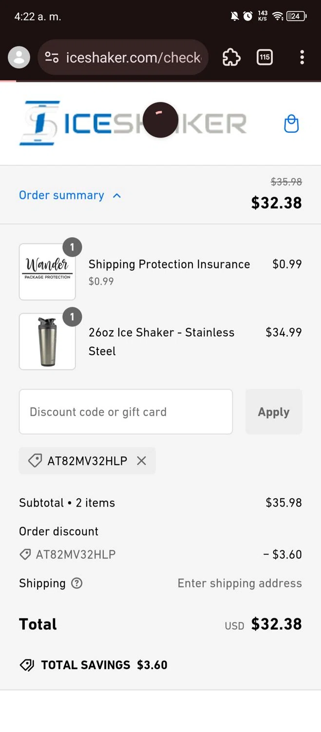 Ice Shaker discount code screenshot showing code AT82MV32HLP applied at Ice Shaker checkout page. Uploaded by SimplyCodes community member Carlitoxxxxxxxxxxxxxxxxxxxxxxx on Dec 28, 2024