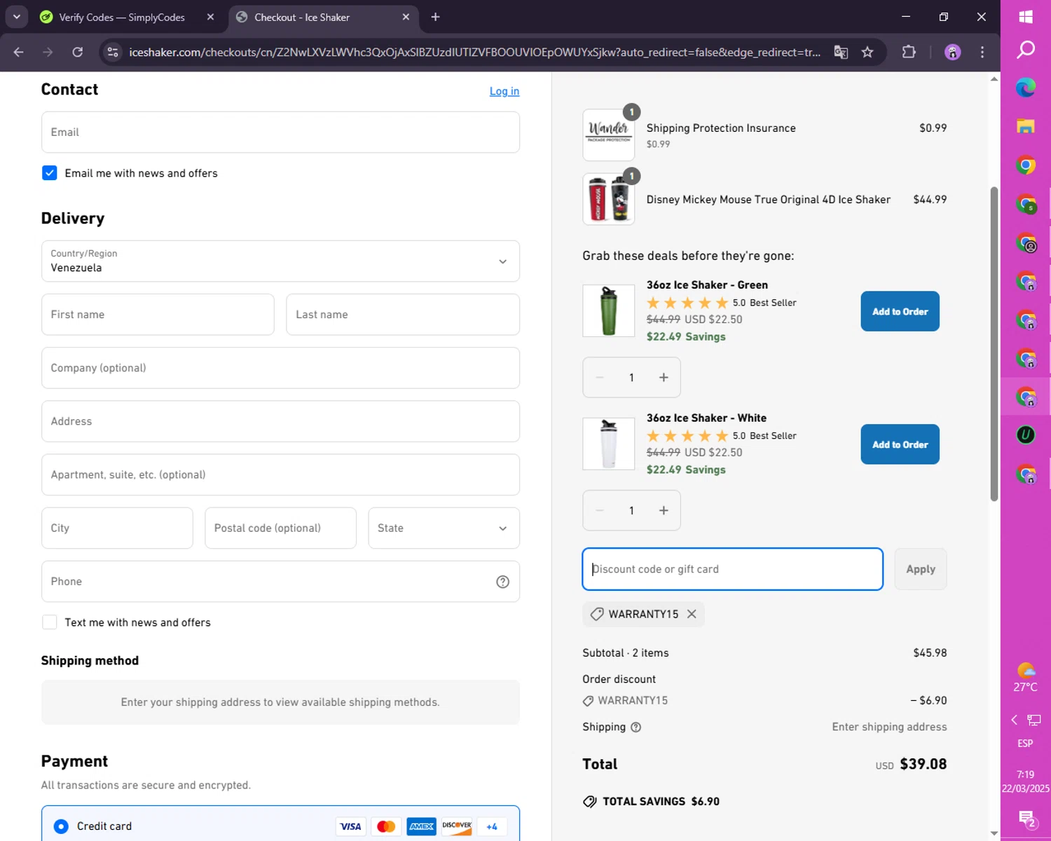 Ice Shaker discount code screenshot showing code WARRANTY15 applied at Ice Shaker checkout page. Uploaded by SimplyCodes community member SmartLion1183 on Mar 22, 2025