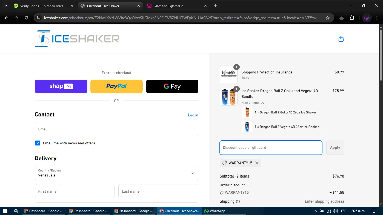 Ice Shaker discount code screenshot showing code WARRANTY15 applied at Ice Shaker checkout page. Uploaded by SimplyCodes community member GloriousGuardian9063 on Apr 10, 2025