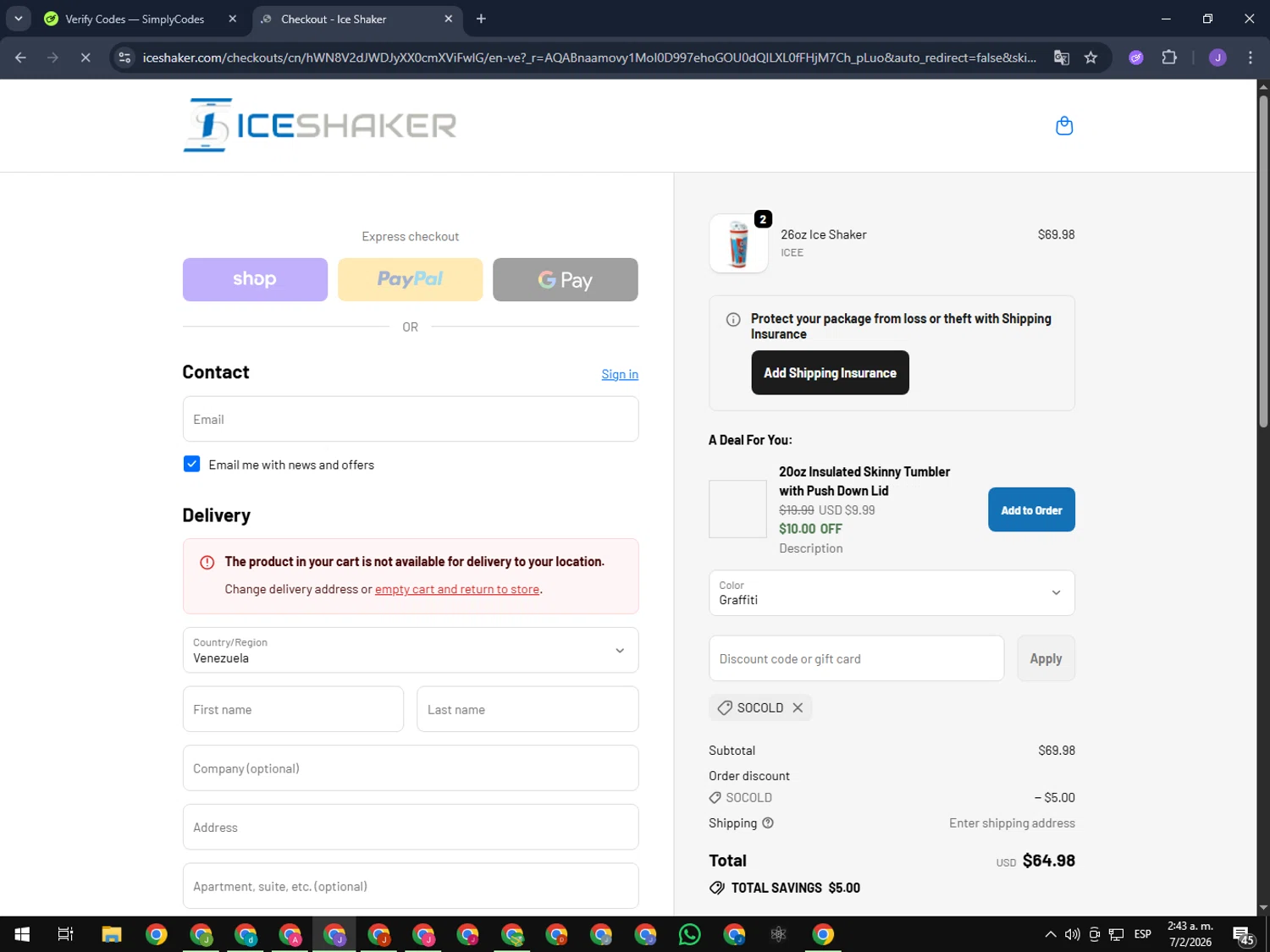 Ice Shaker checkout page showing Ice Shaker discount code box | Screenshot taken by SimplyCodes community member on Feb 7, 2026