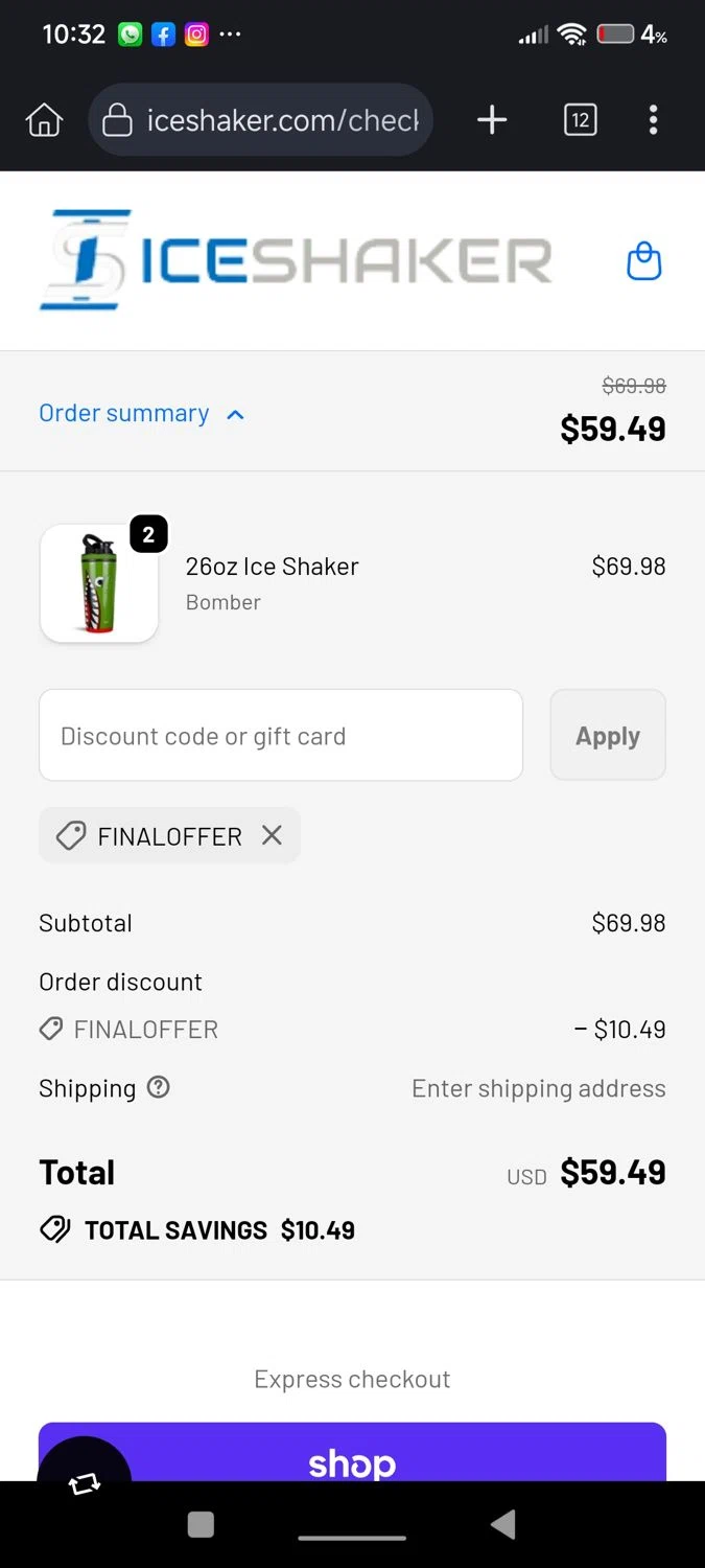 Ice Shaker discount code screenshot showing code FINALOFFER applied at Ice Shaker checkout page. Uploaded by SimplyCodes community member Diego_Soto on Sep 19, 2025