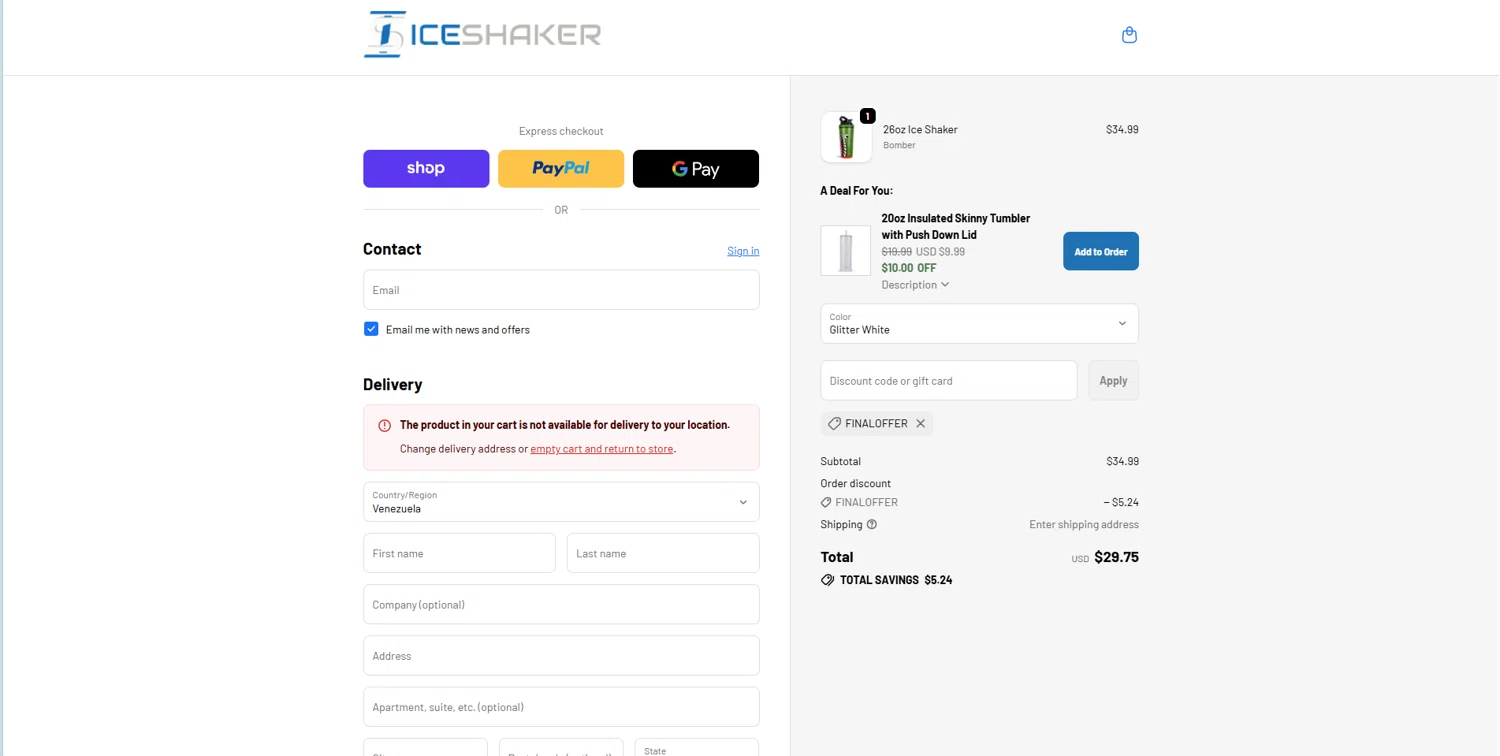 Ice Shaker discount code screenshot showing code FINALOFFER applied at Ice Shaker checkout page. Uploaded by SimplyCodes community member STEVE20 on Nov 6, 2025