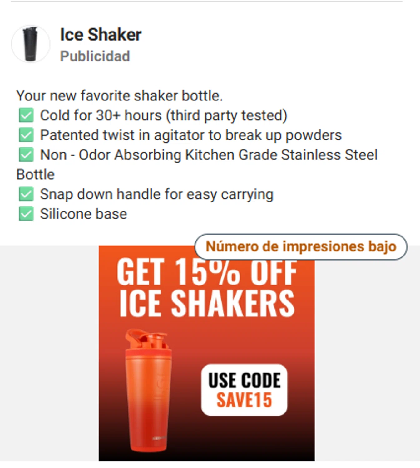 Ice Shaker discount code screenshot showing code save15 applied at Ice Shaker checkout page. Uploaded by SimplyCodes community member ShrewdRanger8712 on Jan 19, 2026