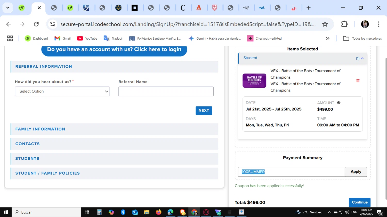 iCodeSchool promo code screenshot showing code 100SUMMER applied at iCodeSchool checkout page. Uploaded by SimplyCodes community member KataldoMustafack on Apr 16, 2025
