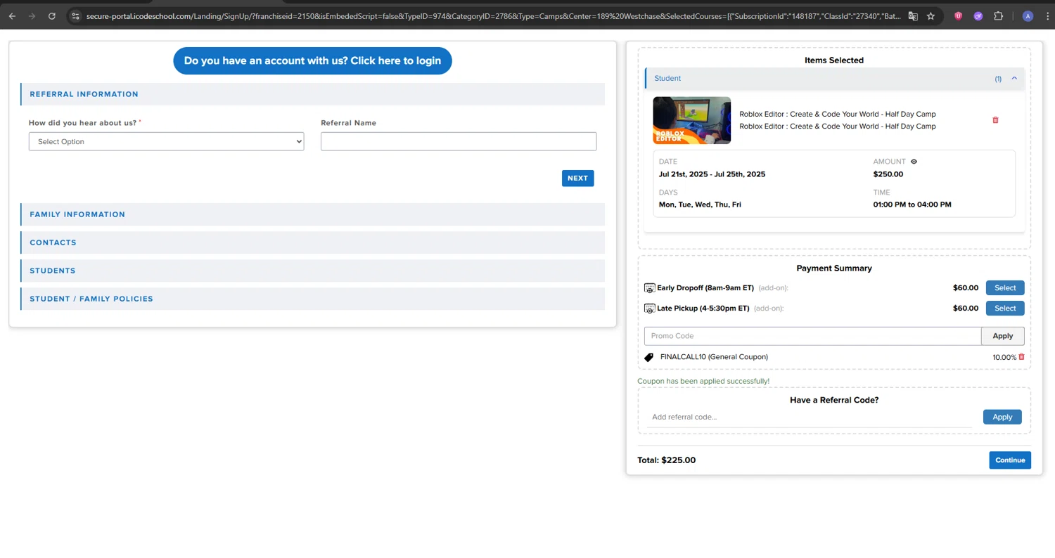 iCodeSchool checkout page showing iCodeSchool promo code box | Screenshot taken by SimplyCodes community member on Jul 20, 2025