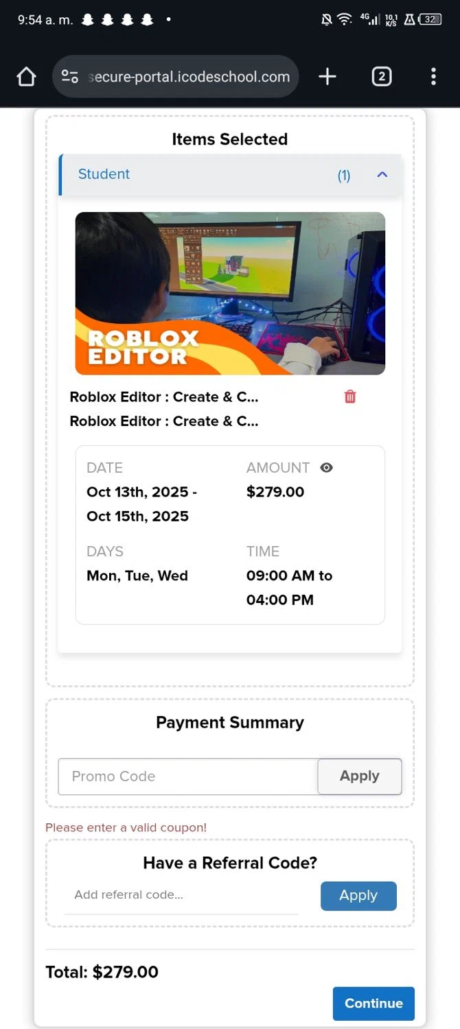 iCodeSchool promo code screenshot showing code SUMMER25 applied at iCodeSchool checkout page. Uploaded by SimplyCodes community member Sasuk3 on Oct 1, 2025