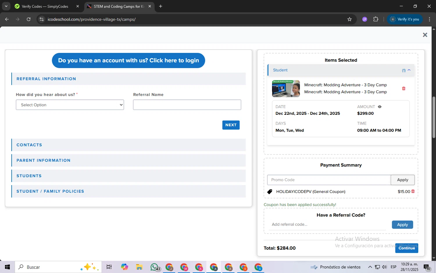 iCodeSchool promo code screenshot showing code HOLIDAYICODEPV applied at iCodeSchool checkout page. Uploaded by SimplyCodes community member ScanSpotter8851 on Nov 28, 2025