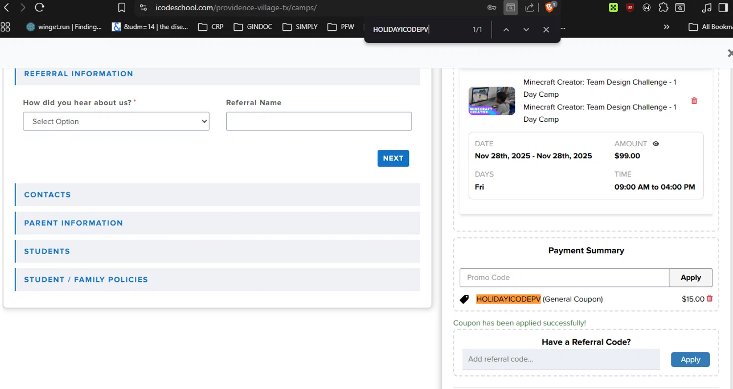 iCodeSchool promo code screenshot showing code HOLIDAYICODEPV applied at iCodeSchool checkout page. Uploaded by SimplyCodes community member RickhiK on Oct 31, 2025