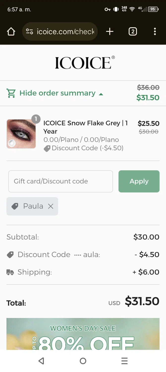 ICOICE coupon code screenshot showing code Paula applied at ICOICE checkout page. Uploaded by SimplyCodes community member Son_Goku on Mar 3, 2025