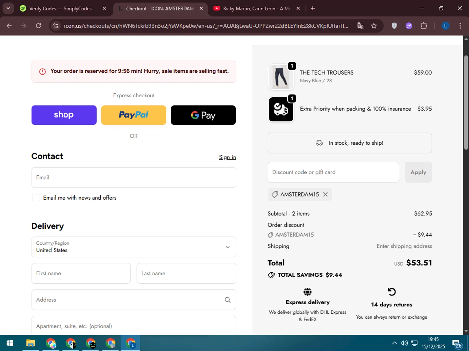 Icon. Amsterdam discount code screenshot showing code AMSTERDAM15 applied at Icon. Amsterdam checkout page. Uploaded by SimplyCodes community member LegendaryLegend5536 on Dec 15, 2025