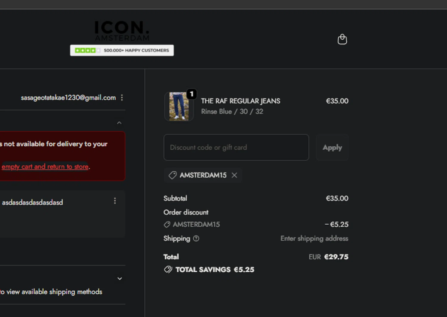 Icon. Amsterdam discount code screenshot showing code AMSTERDAM15 applied at Icon. Amsterdam checkout page. Uploaded by SimplyCodes community member jaimitoalcachofa on Nov 24, 2025