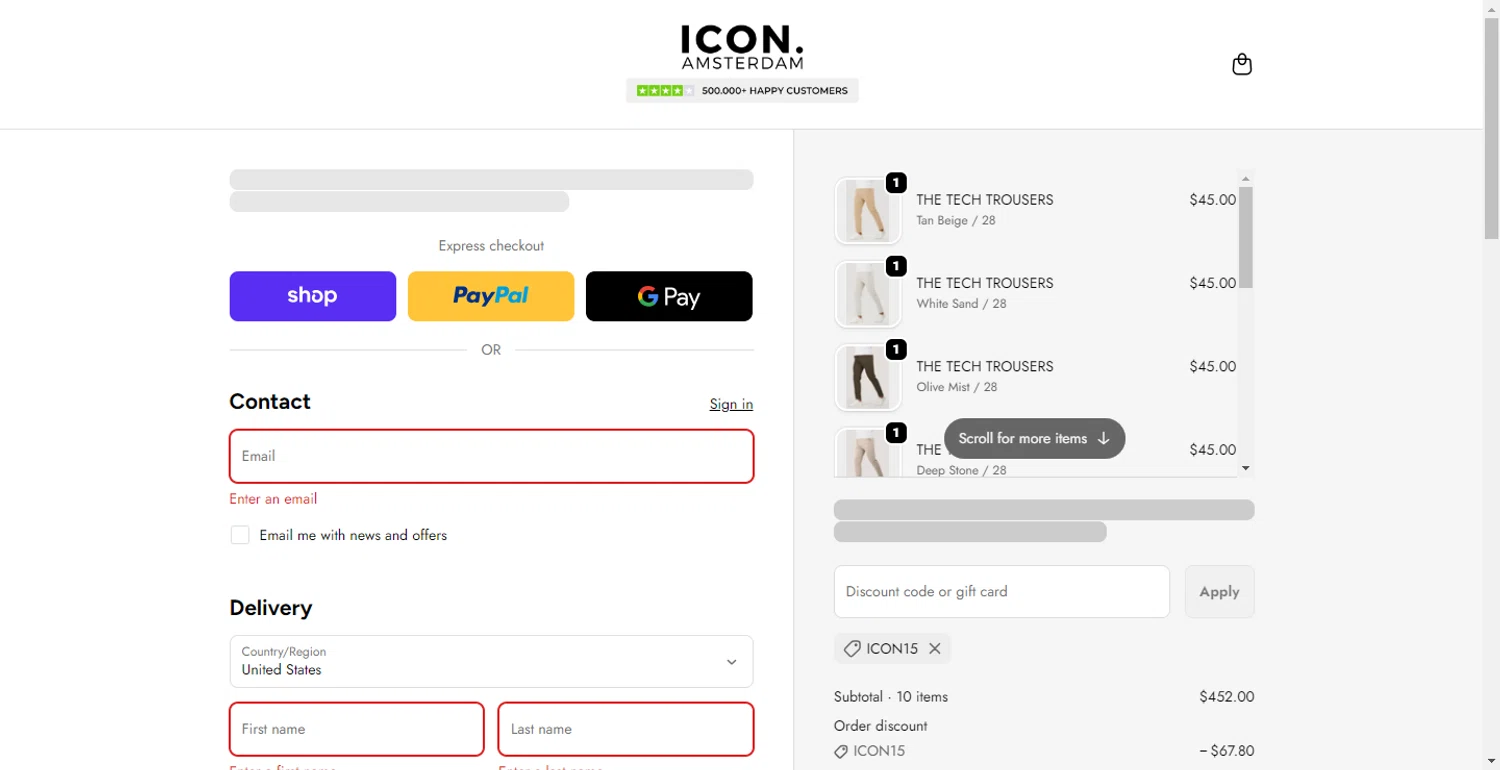 Icon. Amsterdam discount code screenshot showing code ICON15 applied at Icon. Amsterdam checkout page. Uploaded by SimplyCodes community member DiscountPhoenix427 on Nov 18, 2025