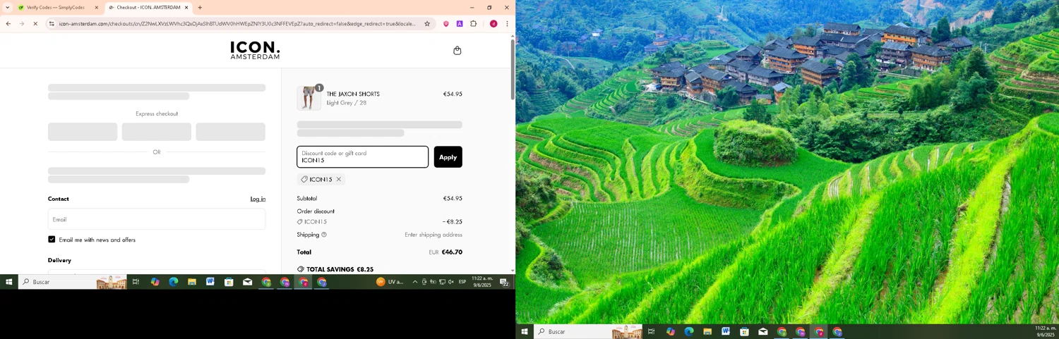 Icon. Amsterdam discount code screenshot showing code ICON15 applied at Icon. Amsterdam checkout page. Uploaded by SimplyCodes community member FrugalMonarch7277 on Jun 9, 2025
