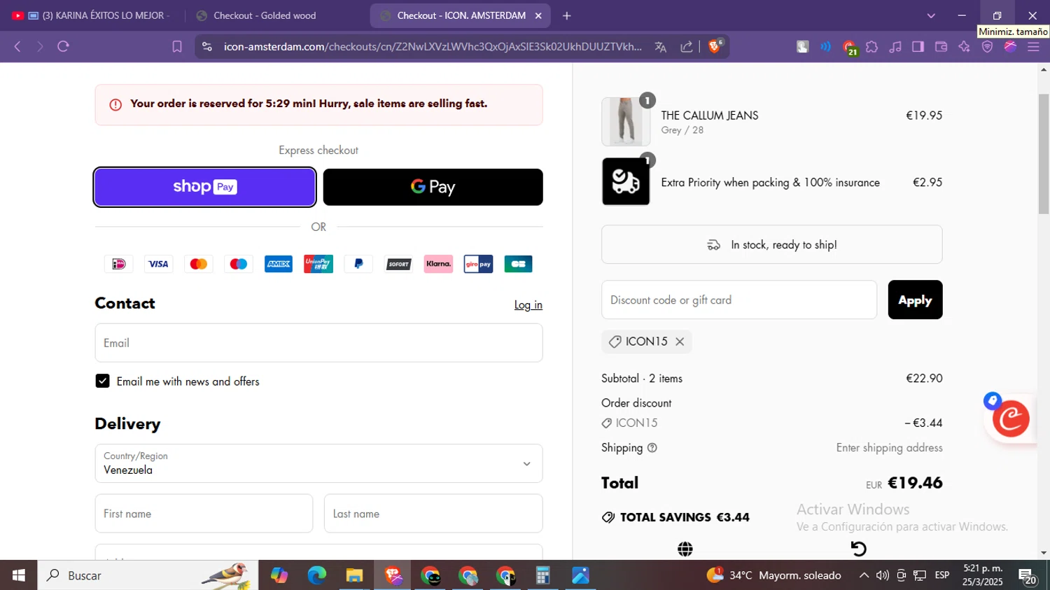 Icon. Amsterdam discount code screenshot showing code ICON15 applied at Icon. Amsterdam checkout page. Uploaded by SimplyCodes community member CleverSage9163 on Mar 25, 2025