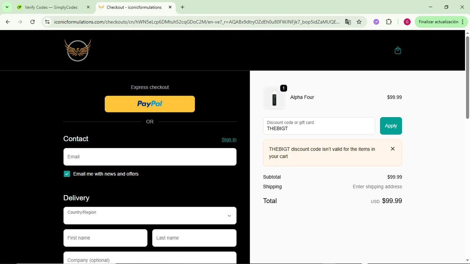 Iconic Formulations promo code screenshot showing code THEBIGT applied at Iconic Formulations checkout page. Uploaded by SimplyCodes community member CrownFinder3074 on Nov 24, 2025