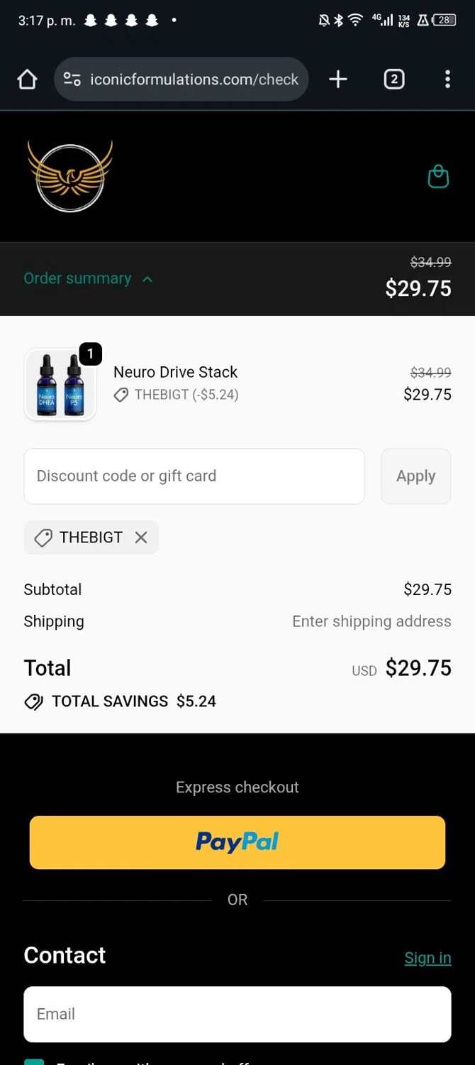 Iconic Formulations promo code screenshot showing code THEBIGT applied at Iconic Formulations checkout page. Uploaded by SimplyCodes community member JandryV on Dec 27, 2025