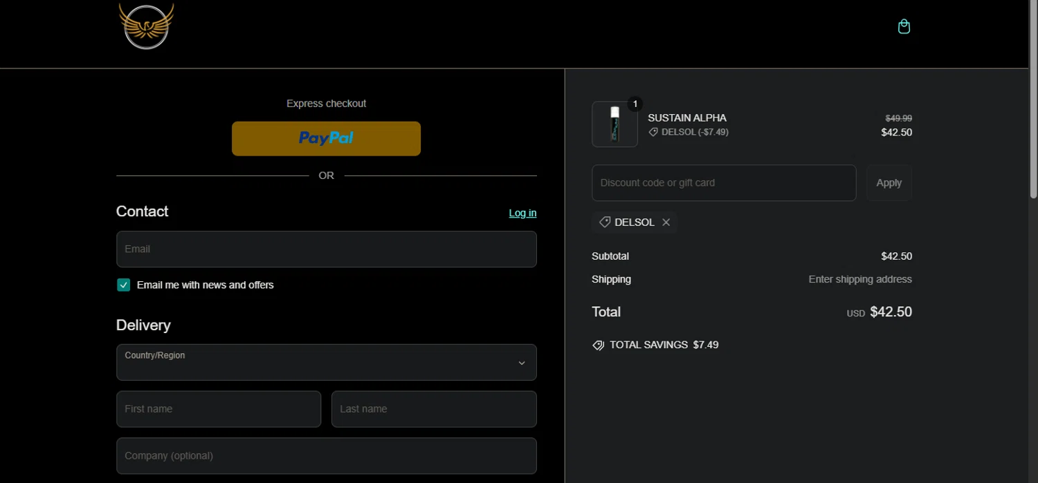Iconic Formulations promo code screenshot showing code DELSOL applied at Iconic Formulations checkout page. Uploaded by SimplyCodes community member Pollofrito on Mar 11, 2025