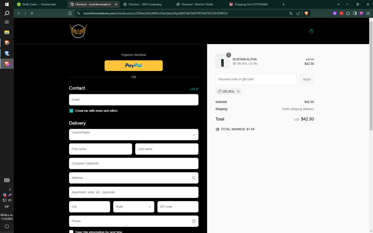 Iconic Formulations promo code screenshot showing code DELSOL applied at Iconic Formulations checkout page. Uploaded by SimplyCodes community member jMoya06 on Mar 11, 2025