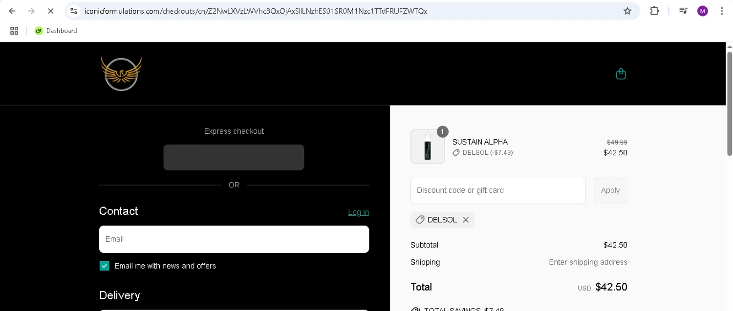 Iconic Formulations promo code screenshot showing code DELSOL applied at Iconic Formulations checkout page. Uploaded by SimplyCodes community member monicacaraballo on Jun 25, 2025