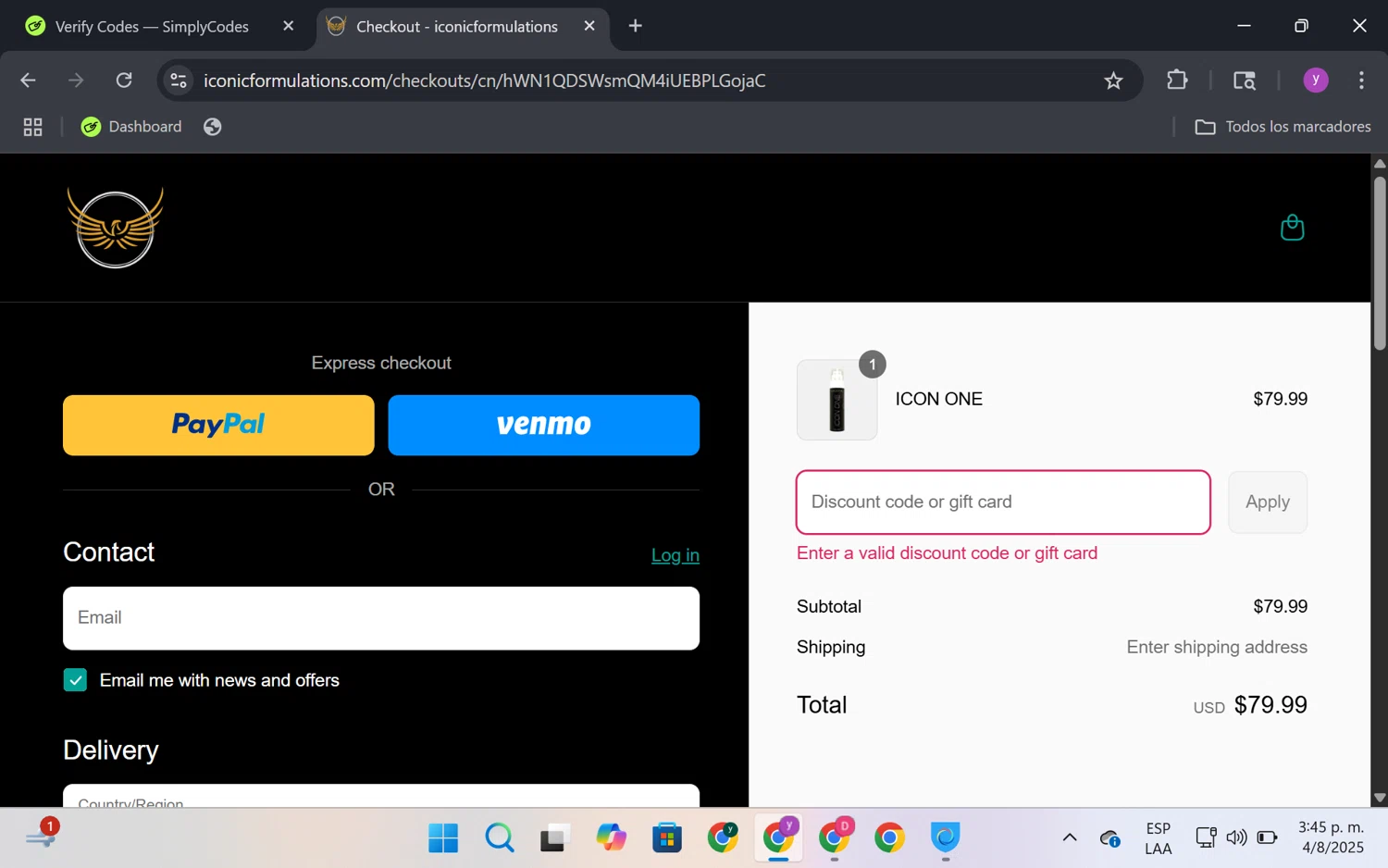 Iconic Formulations promo code screenshot showing code RESTOCK applied at Iconic Formulations checkout page. Uploaded by SimplyCodes community member FrugalKnight6753 on Aug 4, 2025
