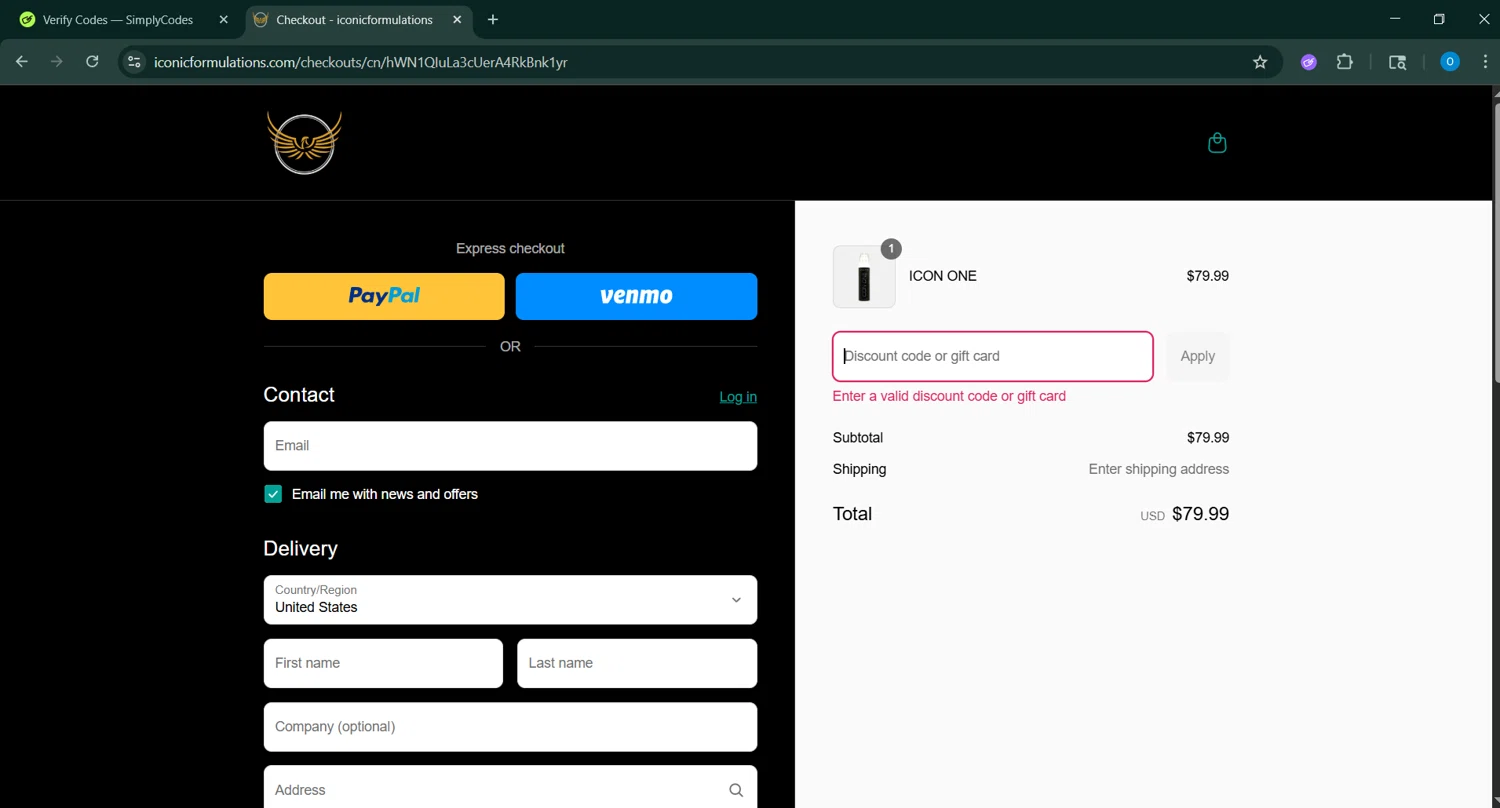 Iconic Formulations promo code screenshot showing code RESTOCK applied at Iconic Formulations checkout page. Uploaded by SimplyCodes community member RoyalSage9159 on Aug 4, 2025