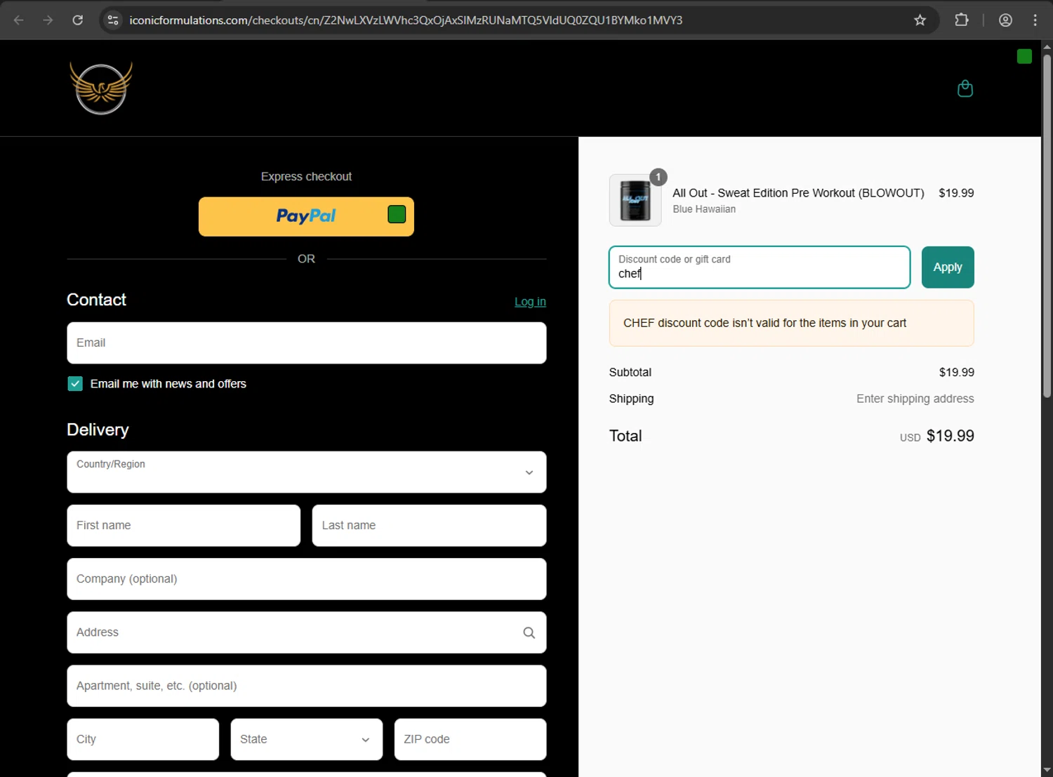 Iconic Formulations promo code screenshot showing code chef applied at Iconic Formulations checkout page. Uploaded by SimplyCodes community member zzzzzzza on Apr 18, 2025