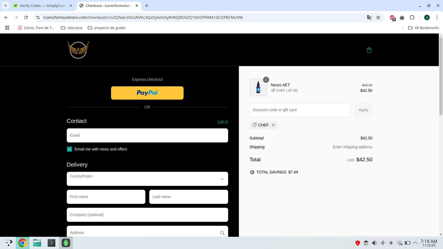 Iconic Formulations promo code screenshot showing code chef applied at Iconic Formulations checkout page. Uploaded by SimplyCodes community member admeneses on Mar 11, 2025