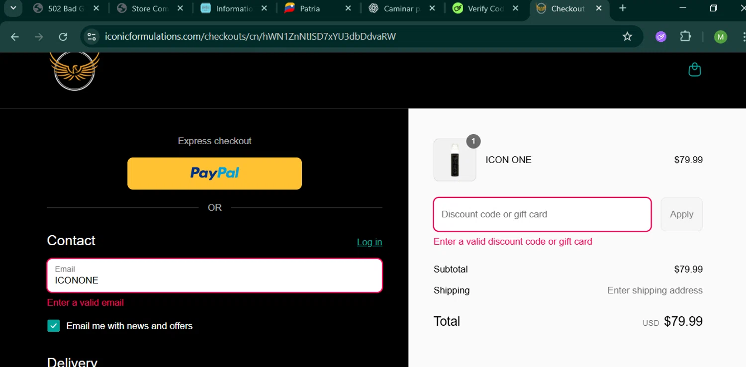 Iconic Formulations promo code screenshot showing code ICONONE applied at Iconic Formulations checkout page. Uploaded by SimplyCodes community member MARCVH on Aug 8, 2025