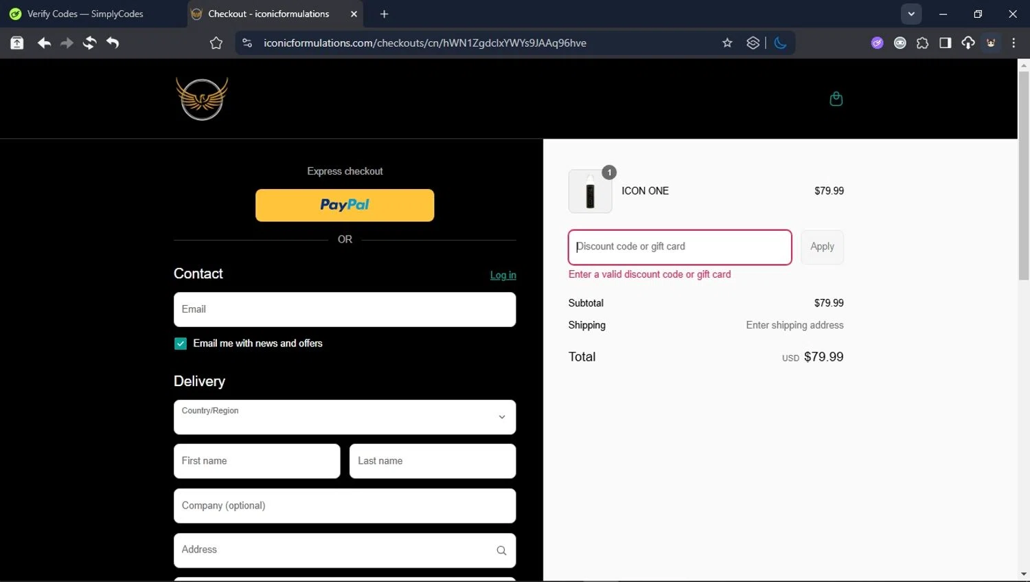 Iconic Formulations promo code screenshot showing code ICONONE applied at Iconic Formulations checkout page. Uploaded by SimplyCodes community member PromoSpotter1784 on Aug 8, 2025