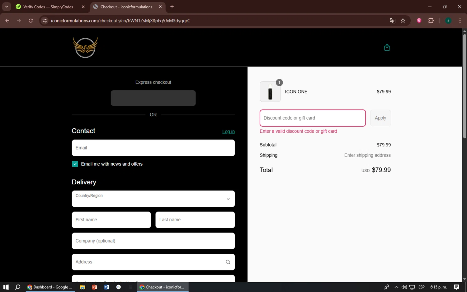 Iconic Formulations promo code screenshot showing code ICONONE applied at Iconic Formulations checkout page. Uploaded by SimplyCodes community member zizu55 on Aug 8, 2025