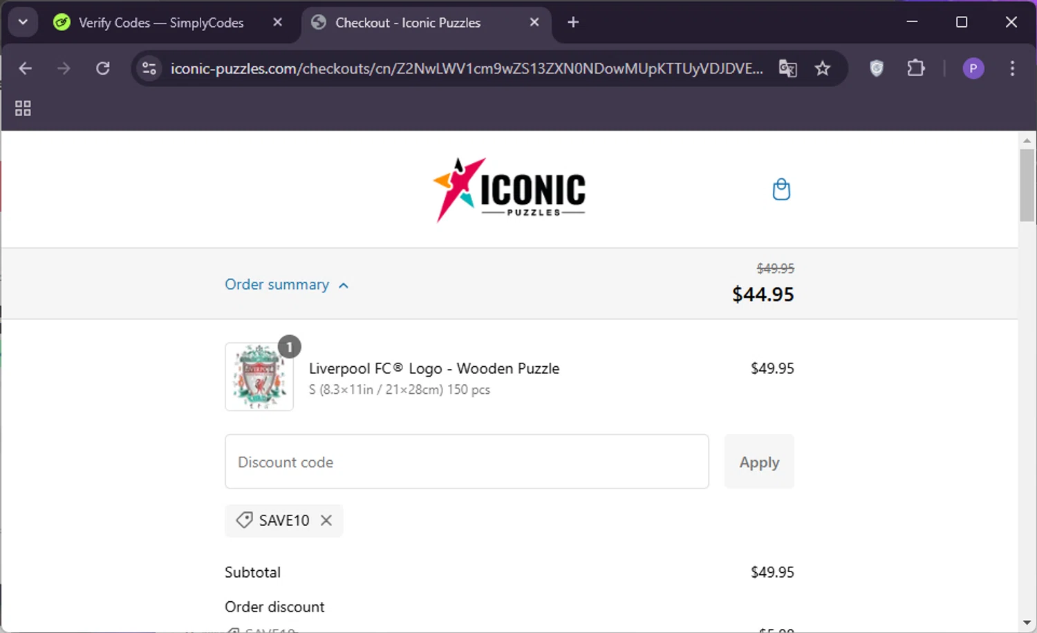 Iconic Puzzles discount code screenshot showing code SAVE10 applied at Iconic Puzzles checkout page. Uploaded by SimplyCodes community member TreasureMaestro5377 on Jan 27, 2025